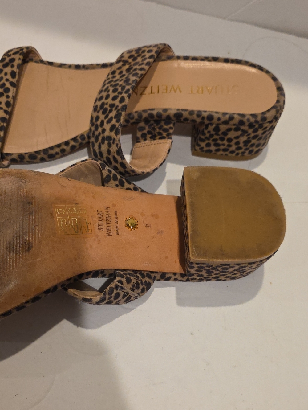 Stuart Weitzman Leopard Print Block Heel Sandals Square Toe Trendy Size 9 Shoes - Picture 7 of 9